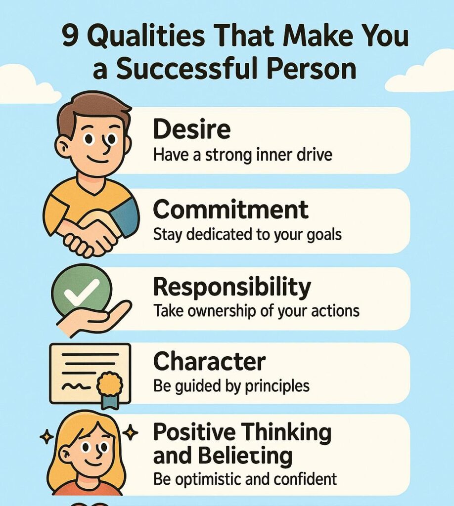 These images show first five qualities of successful person, represented by a colourful digital cartoon character
