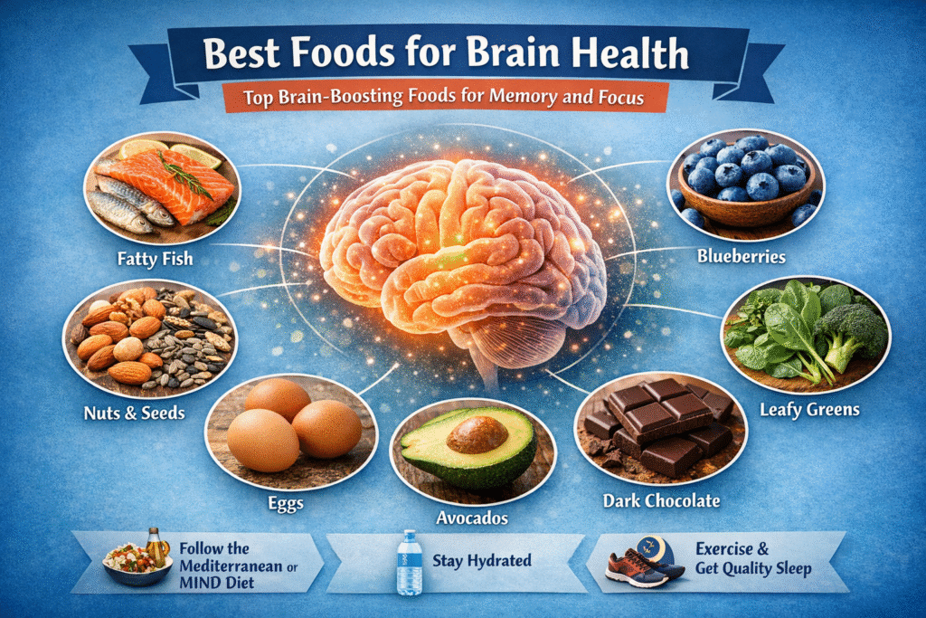 Best foods for brain health including fatty fish, blueberries, nuts, eggs, leafy greens, avocados and dark chocolate